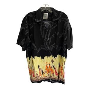VTG 90s Ocean Current Hawaiian Button Down Shirt Size L Black Yellow Palm Trees